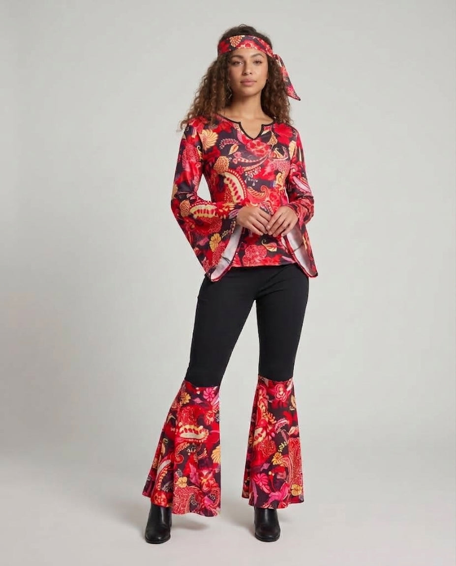 Women's Hippie Costume Set with Loose Top and Flared Pants Chichicherry
