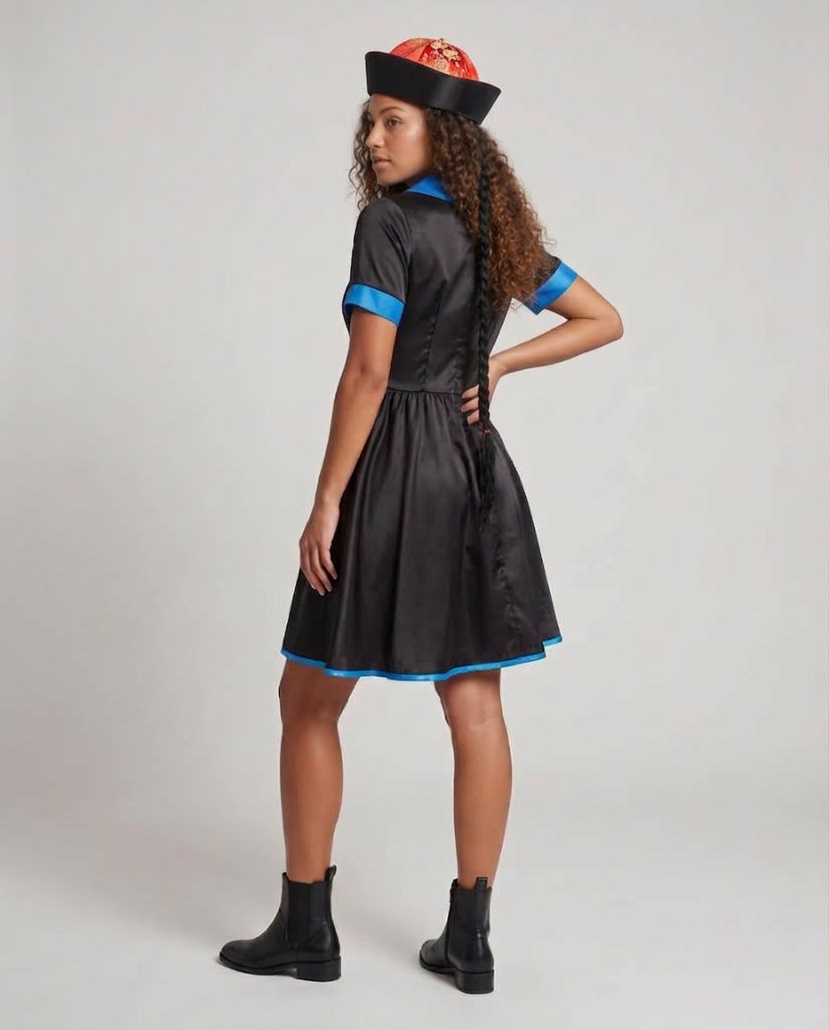 Women's costume as a traditional fairy tale character with a flowing skirt and decorative collar Chichicherry