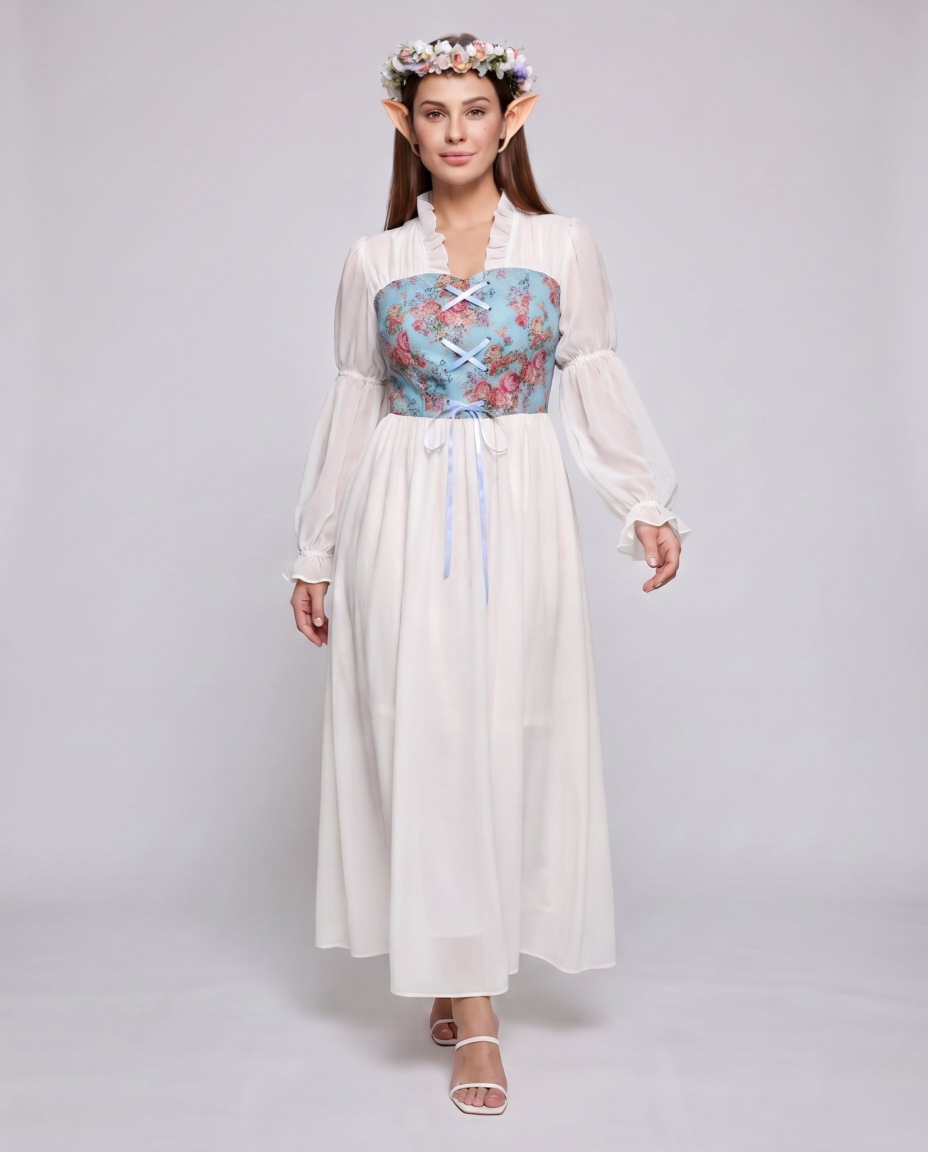 Women Romantic Maxi Dress with Ruffles and Floral Pattern Chichicherry
