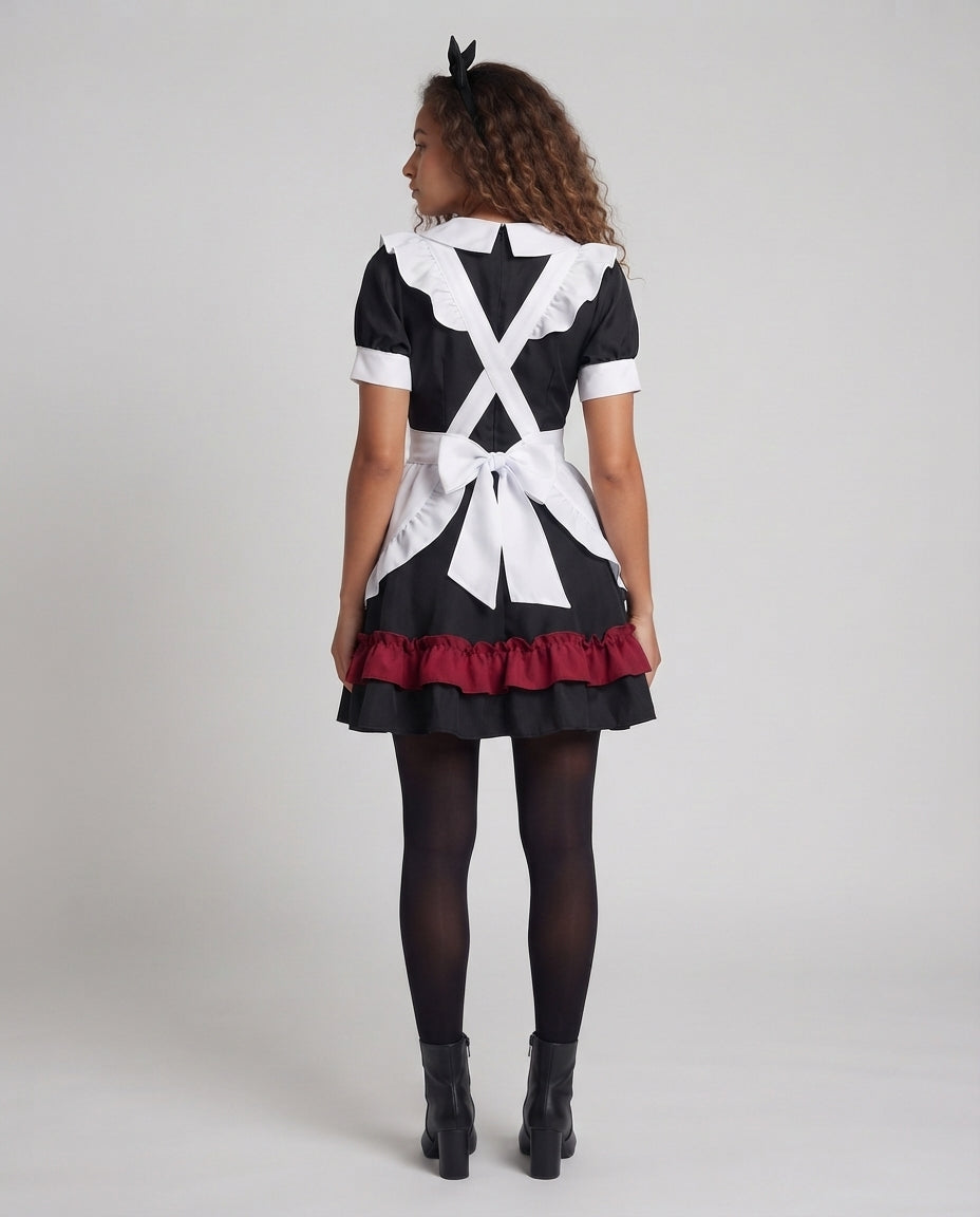 Women's playful maid dress with ruffle details and stylish bow accent Chichicherry