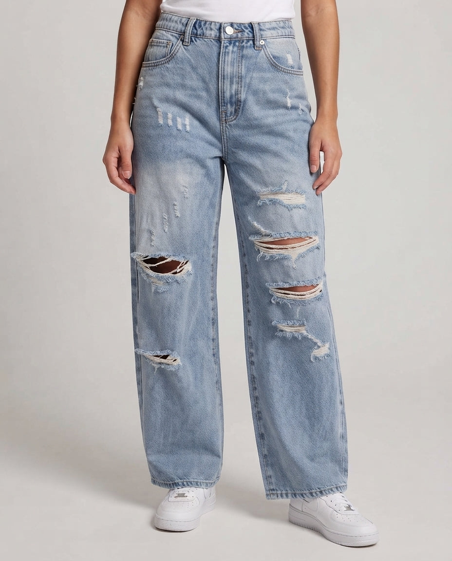 Women's Wide Destroyed-Baggy-Jeans with Elastic Waistband Chichicherry