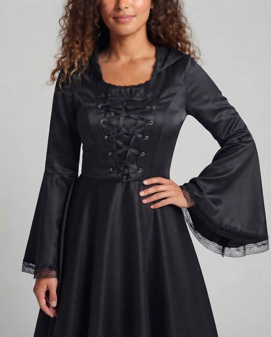 Women's Hooded Dress with Flared Skirt and Lace Decorations Chichicherry