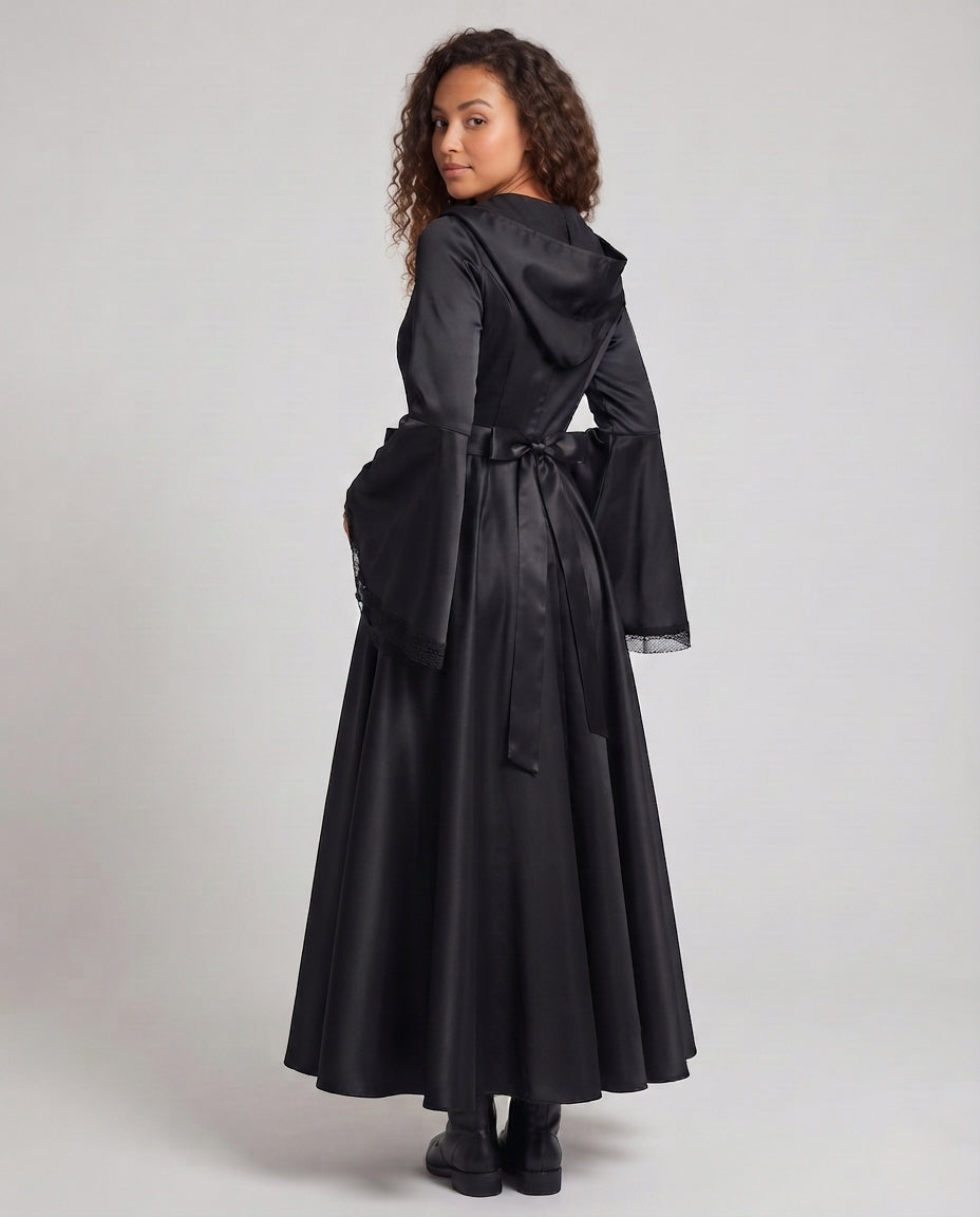 Women's Hooded Dress with Flared Skirt and Lace Decorations Chichicherry