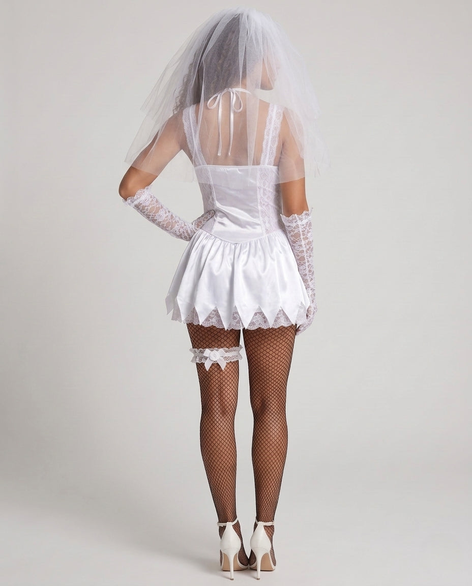 Women Scary Wedding Dress with Lace Accents and Veil Chichicherry