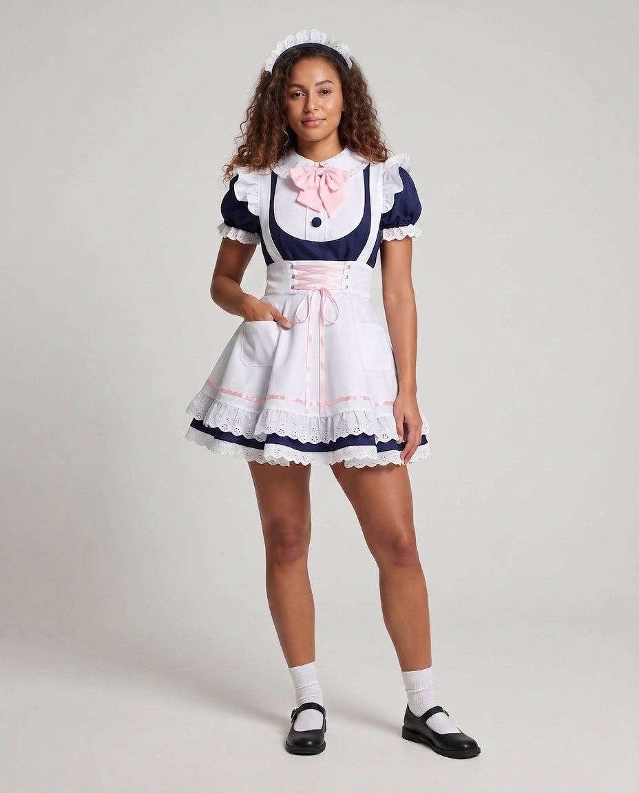 Women Maid Dress with Lace and Ruffle Accents Chichicherry