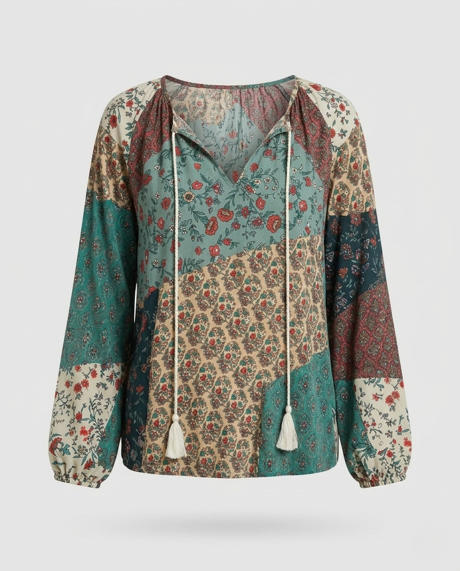 Boho Patchwork Blouse Women Tassels V-Neck