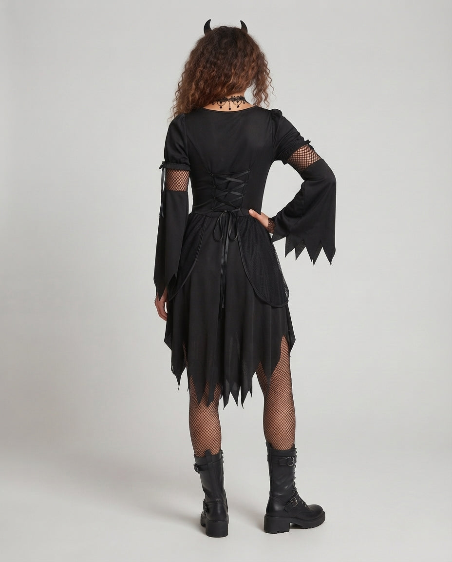 Women's Devil Costume with Voluminous Sleeves and Seductive Lace-Up Detail Chichicherry