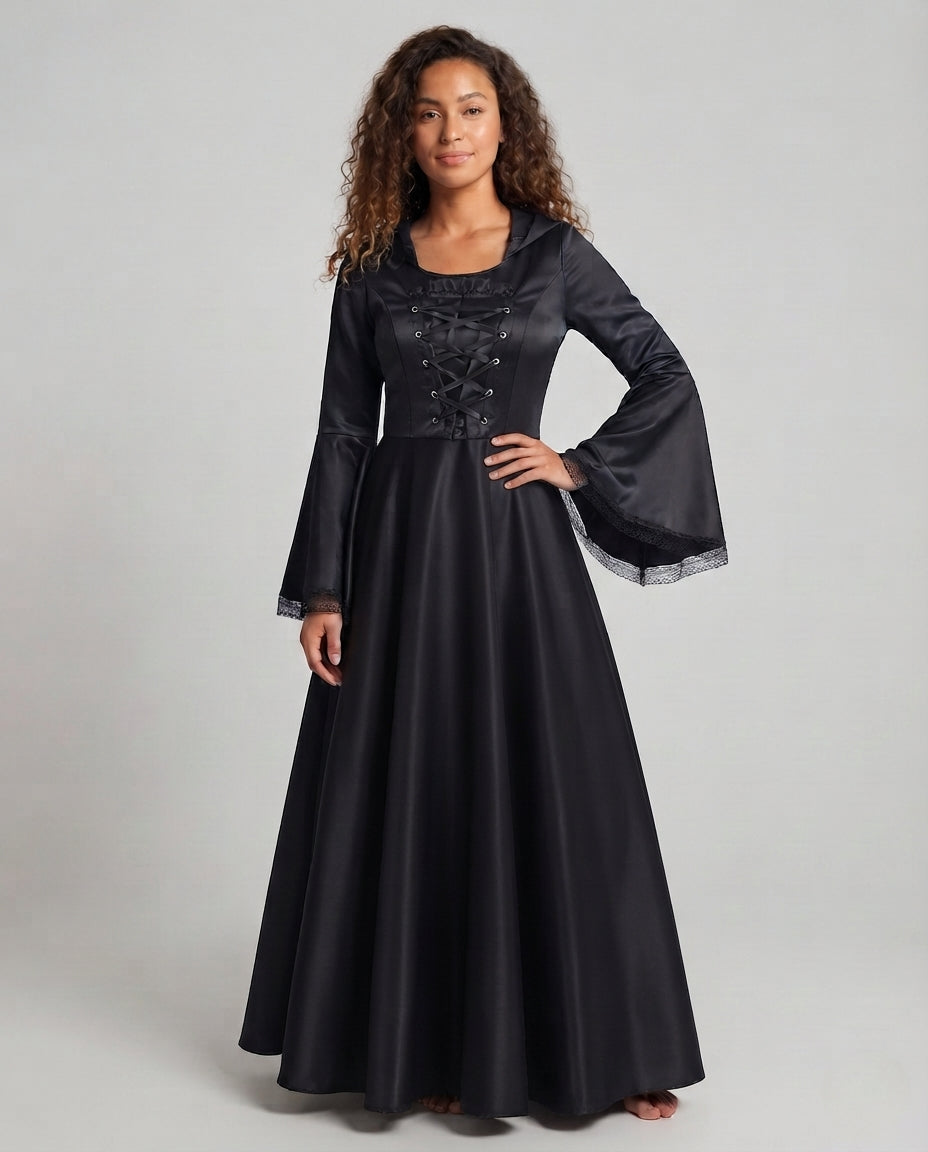 Women's Hooded Dress with Flared Skirt and Lace Decorations Chichicherry