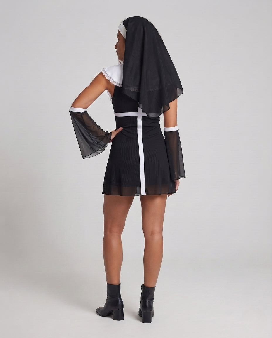 Ladies Seductive Nun Costume with Transparent Sleeves and Ruffle Details Chichicherry
