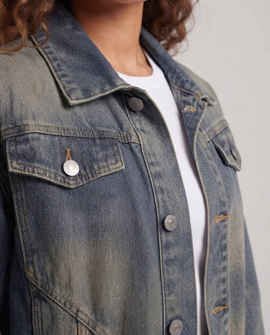 Ladies oversized jeans jacket with elastic hem, balloon sleeves & shaped Chichicherry-seamed details Chichicherry