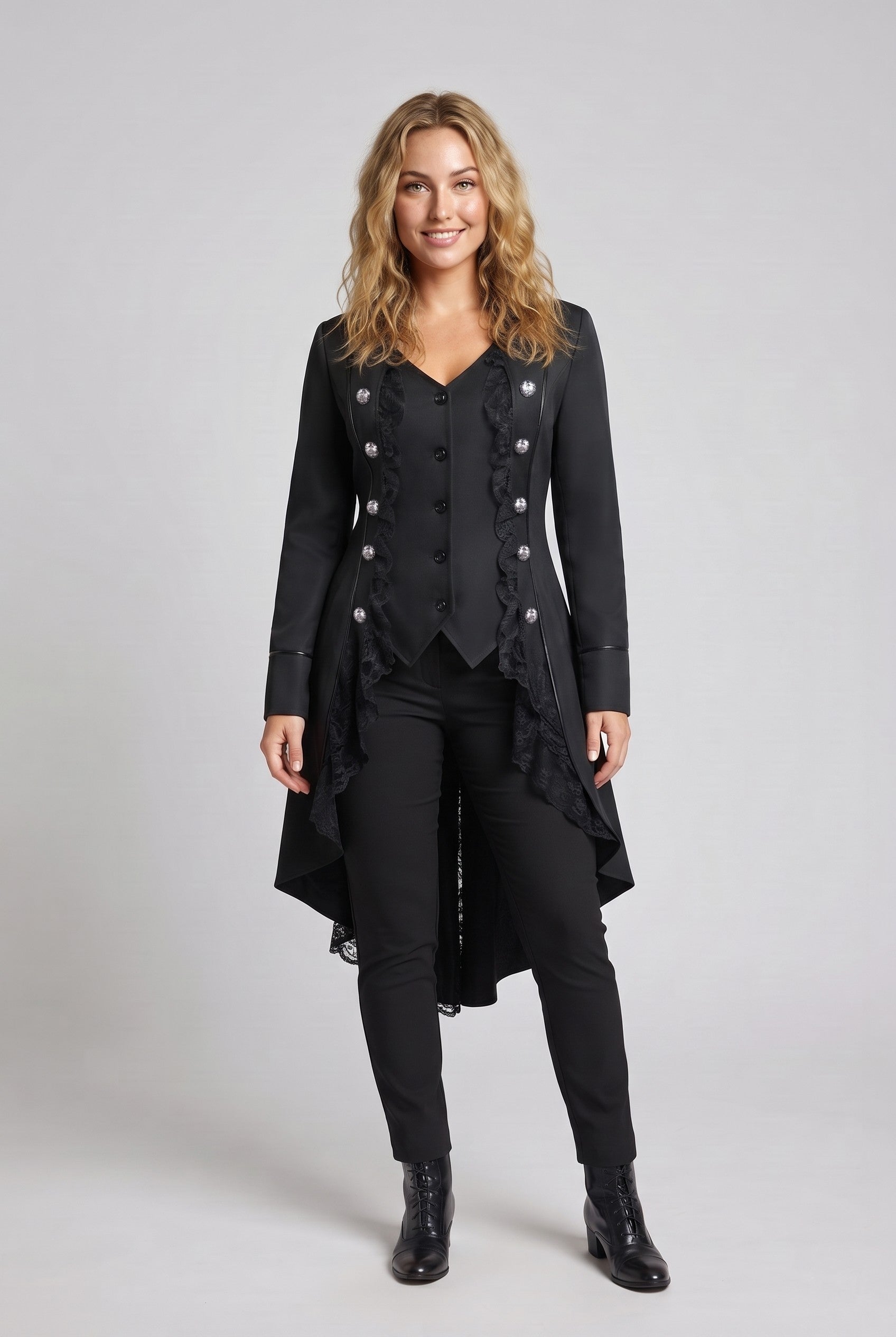 Women's elegant tailcoat with lace accents and decorative button placket Chichicherry