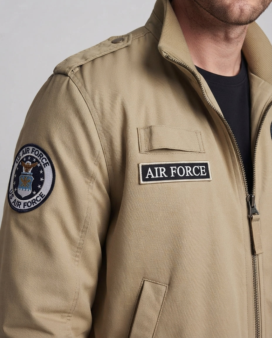 Men's Padded Bomber Jacket in Military Look with Teddy Lining, Stand-Up Collar & Badge Chichicherry