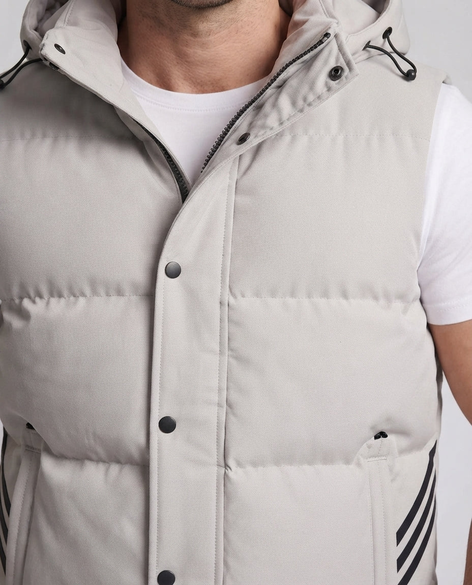 Men's Padded Hooded Vest with Thermal Insulation, Drawstring & Side Stripes Chichicherry