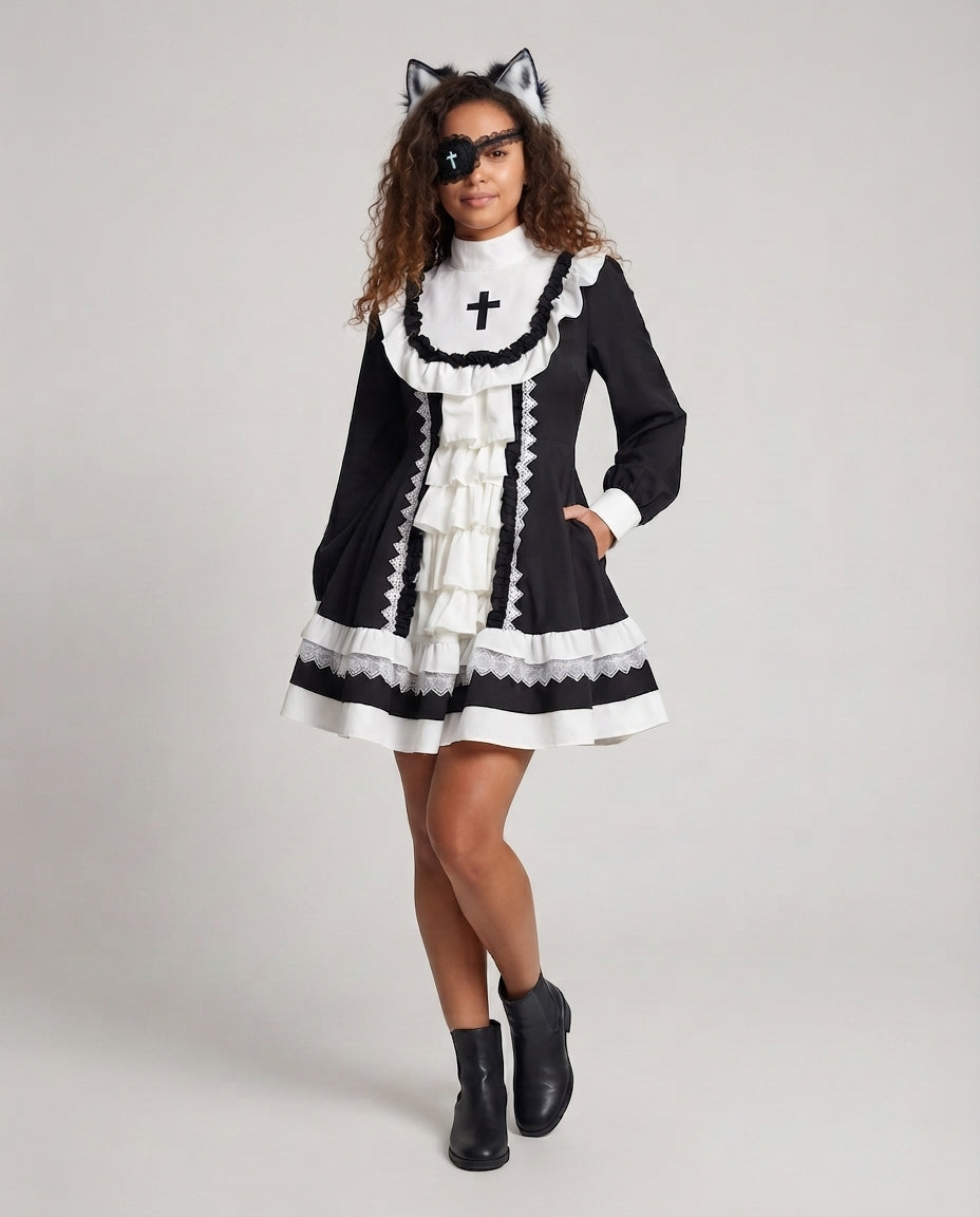 Ladies Lace Dress with Ruffles and Cross Details Chichicherry