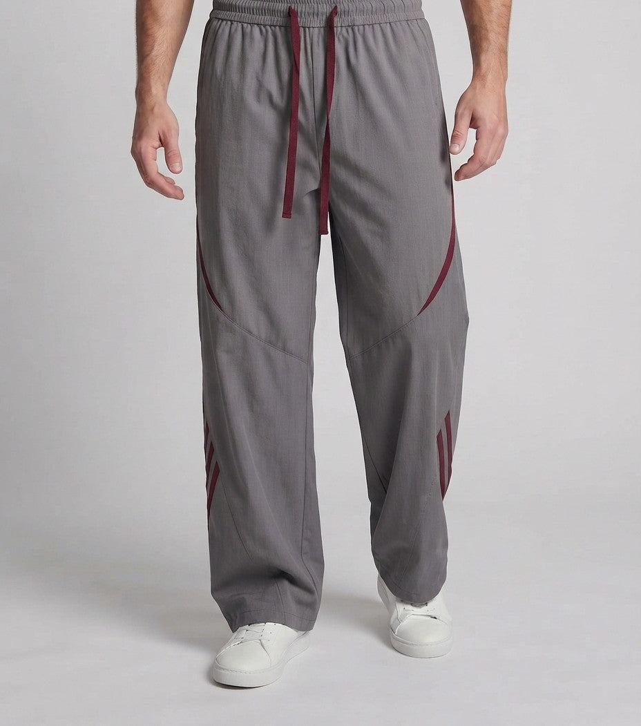 Men's Extra Wide Nylon Track Pants in Baggy Cut with Drawstring, Decorative Panels & Side Contrast Stripes Chichicherry
