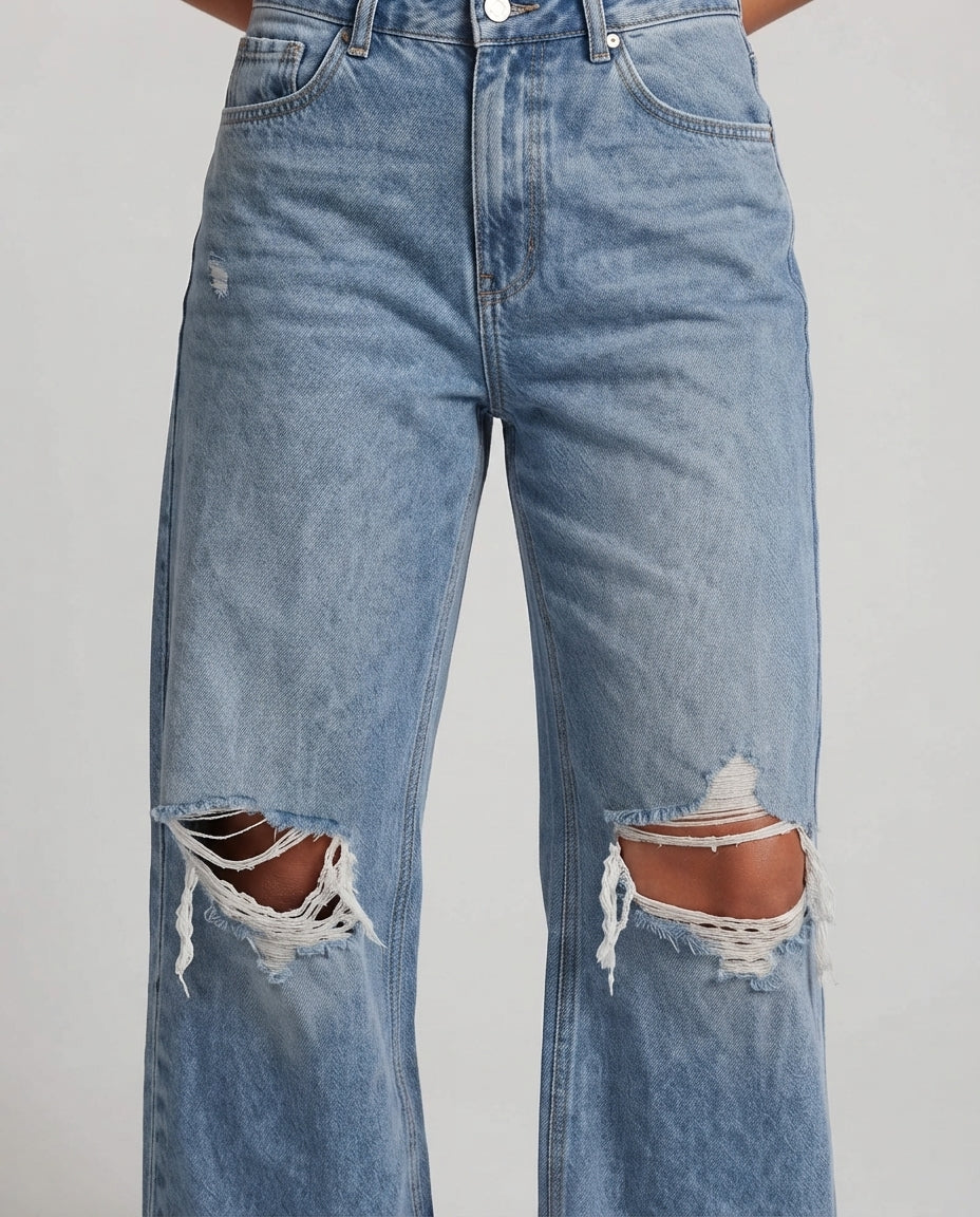 Women's High-Waisted Baggy Jeans in Destroyed Look with Wide Leg Chichicherry