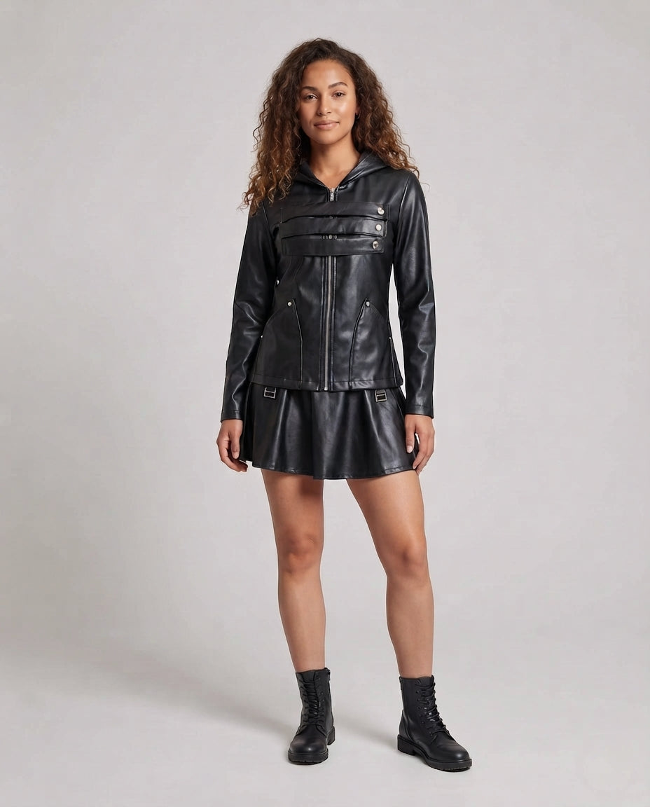 Women's Faux Leather Jacket with Removable Skirt and Practical Pockets Chichicherry
