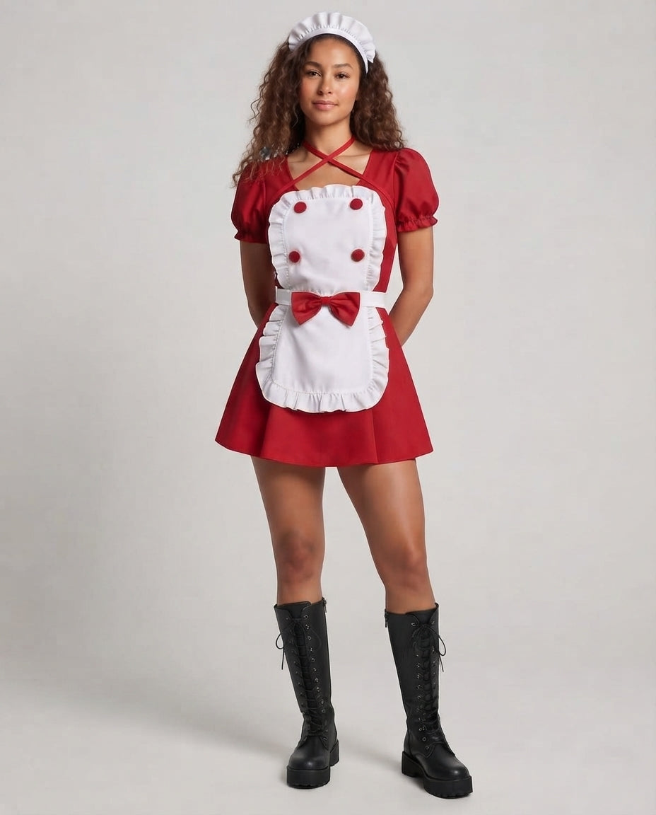 Women Playful Maid Dress with Ruffles and Satin Apron Chichicherry