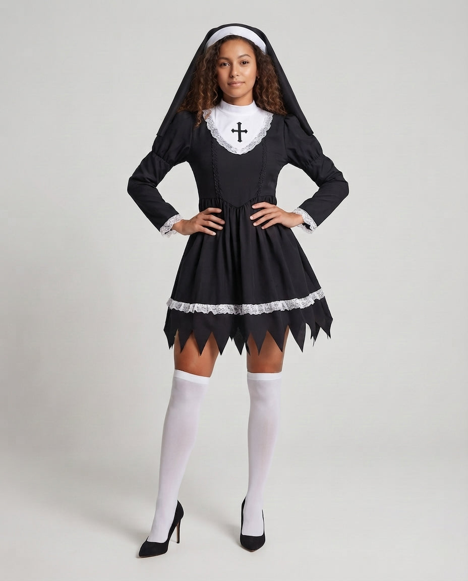 Women Playful Nun Costume with Ruffles and Decorative Overskirt Chichicherry