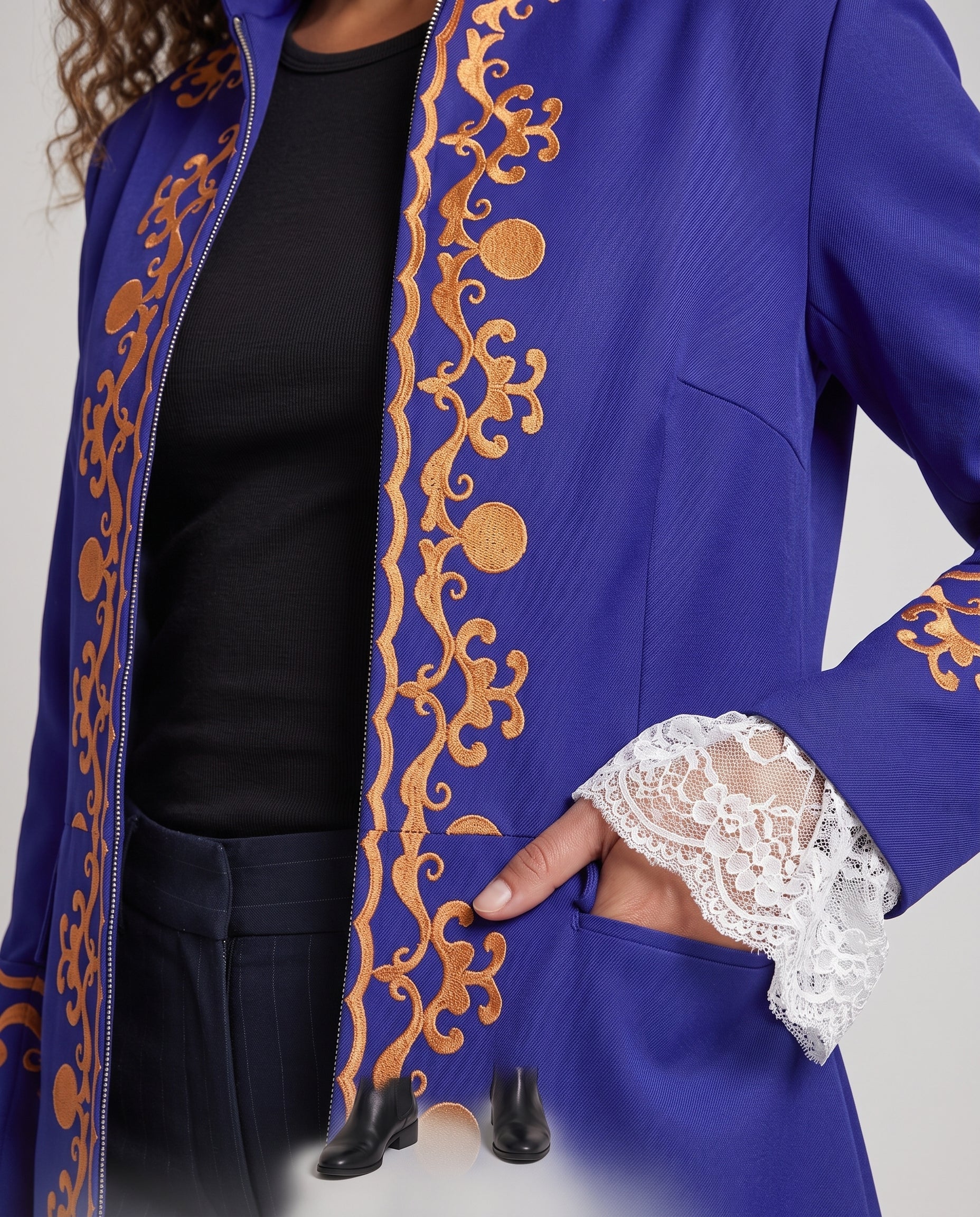 Women's High-Quality Costume Coat with Elegant Hem and Golden Embellishments Chichicherry
