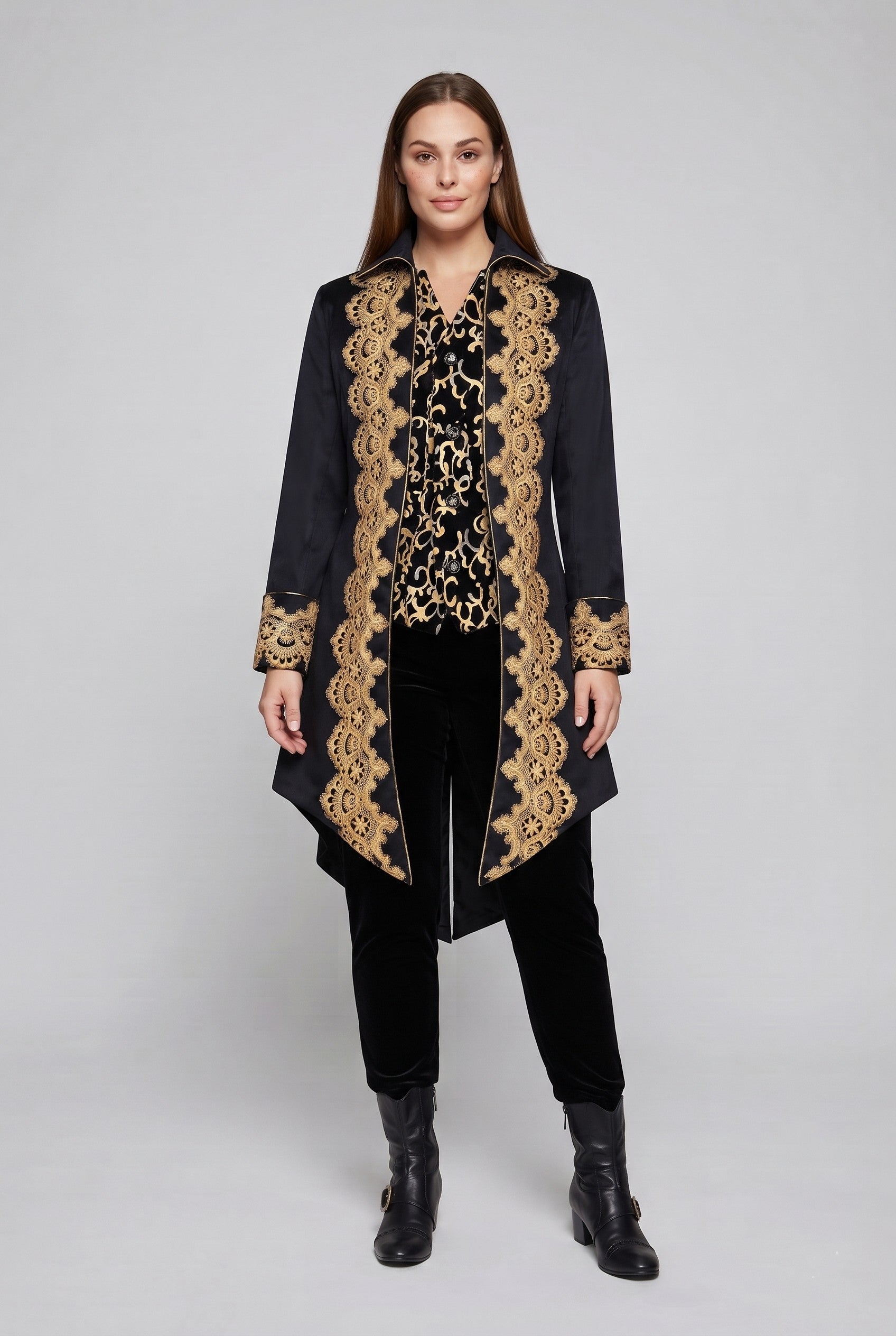 Women's elegant tailcoat with fine gold embroidery and asymmetrical hem Chichicherry