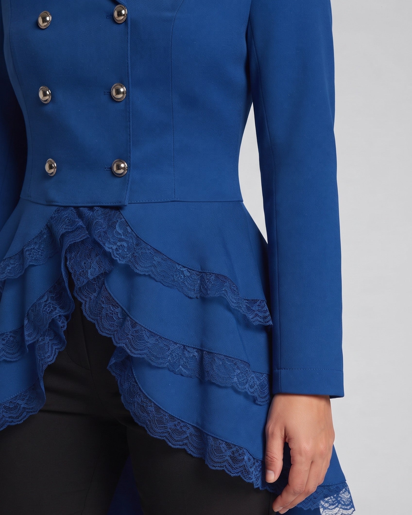 Women Elegant Ruffle Jacket with Deep V-Neck and Double Buttoned Front Chichicherry