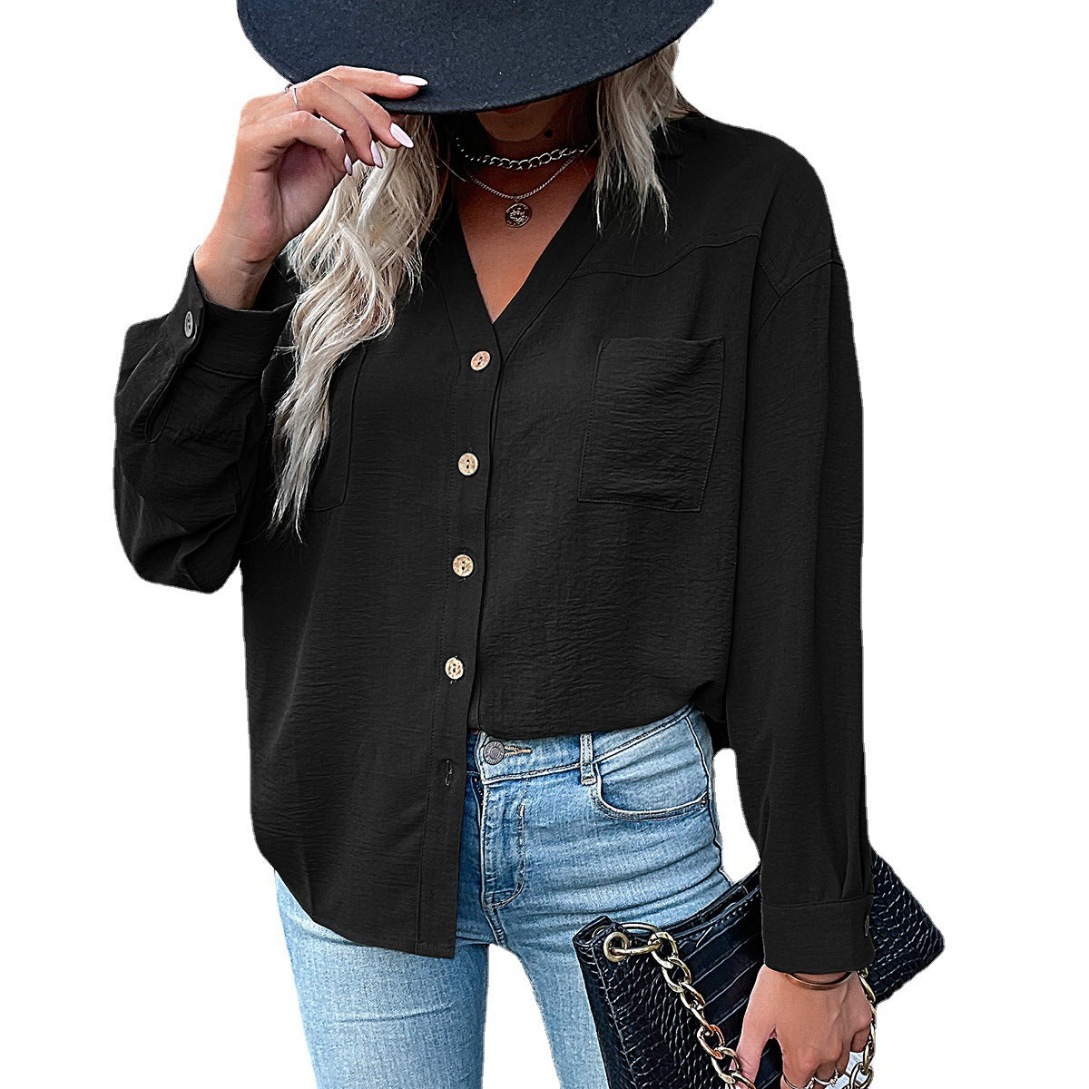 Women's Loose Viscose Shirt with V-Neck, Button Placket and Breast Pocket Chichicherry