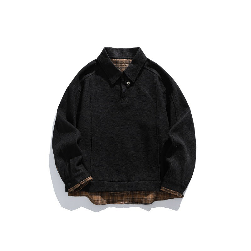 Men's Long-Sleeved Polo Sweatshirt with Kent Collar, Button Placket and Integrated Check Layer Chichicherry
