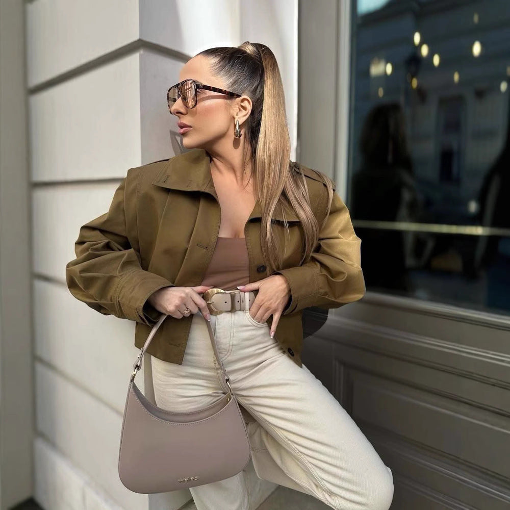 Women Short Boxy Trench Coat with Pleat Overlay and Epaulettes Chichicherry