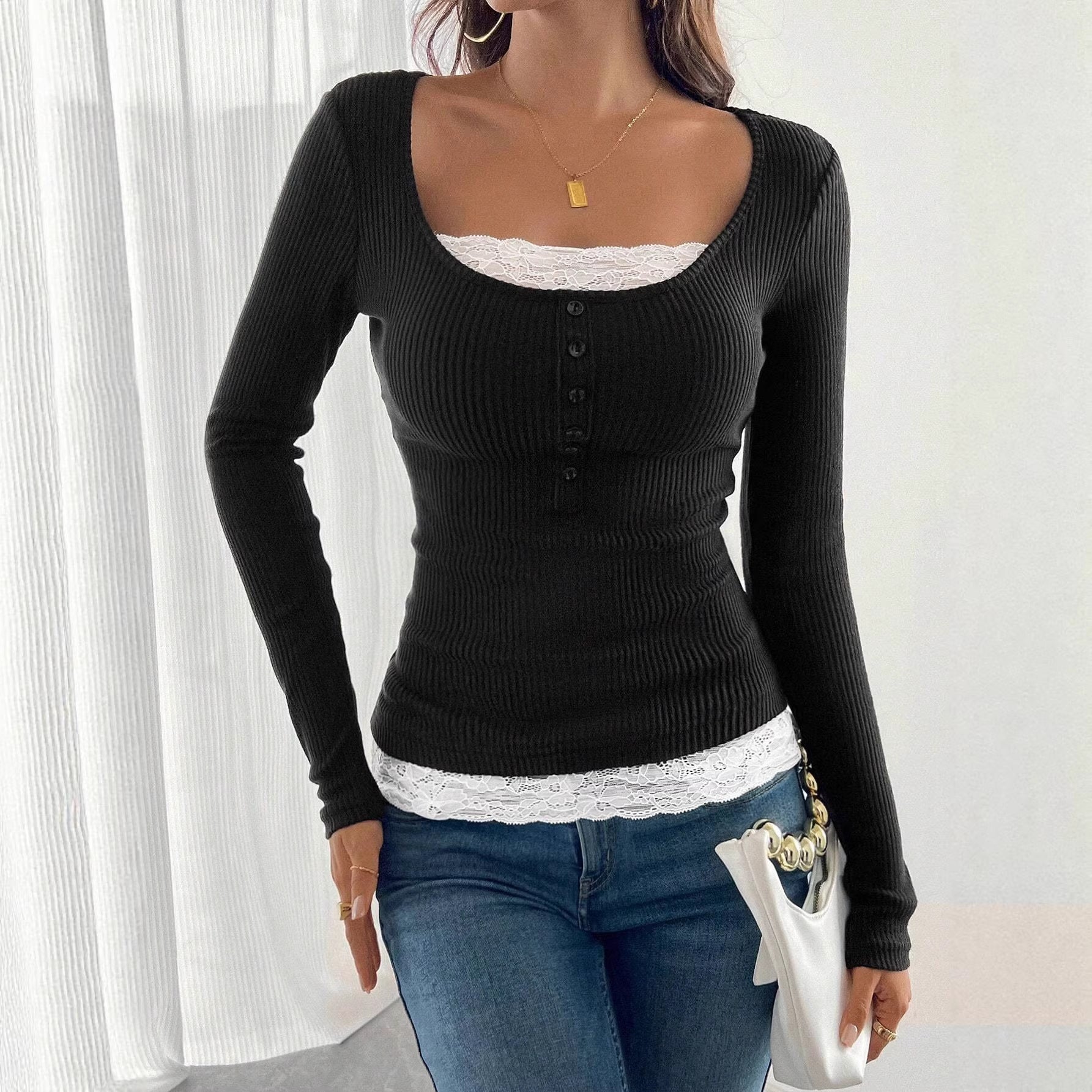 Women’s ribbed top with deep scoop neckline, decorative button placket and lace insert Chichicherry