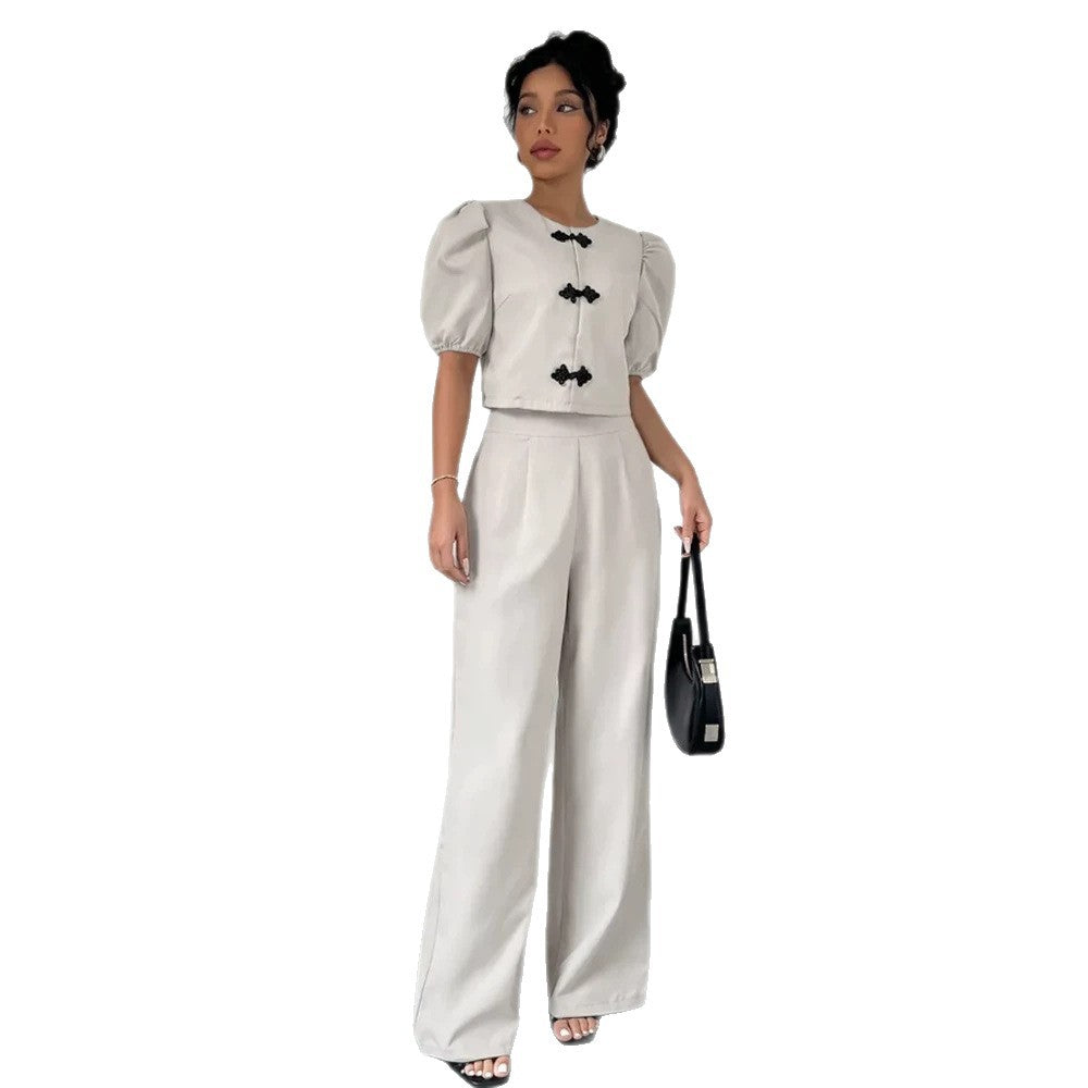 Women Two-Piece Tailoring Set with Short Jacket, Puff Sleeves and High-Cut Wide Pants Chichicherry