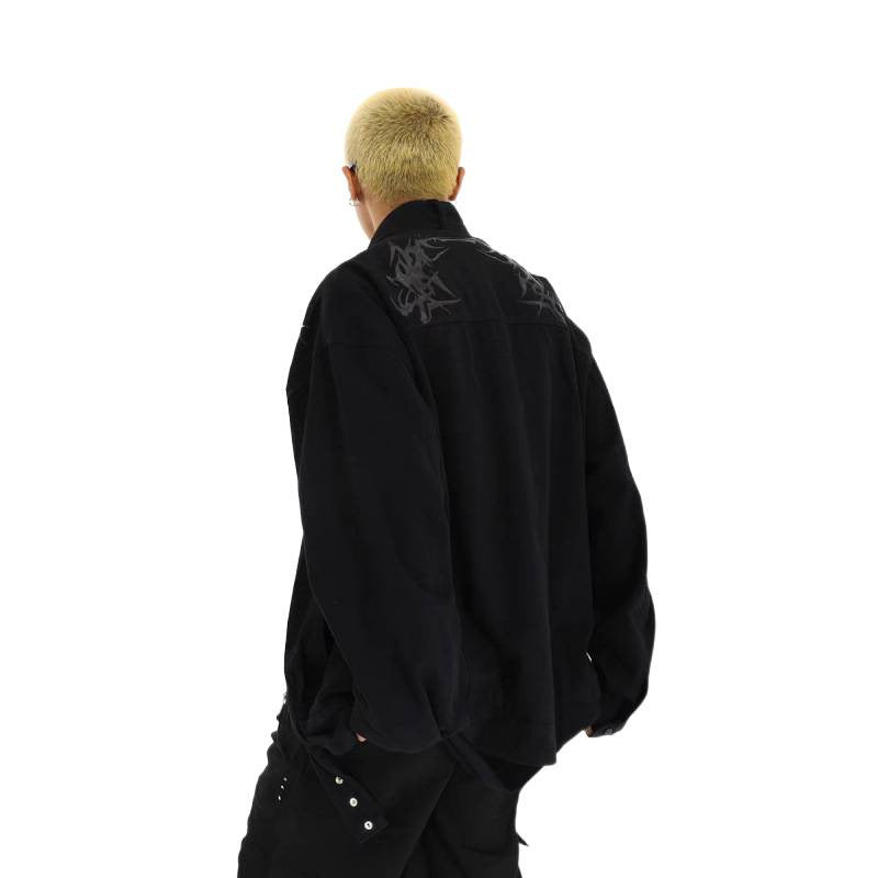 Herren Oversized Utility-Jacke mit Stickerei, Stehkragen, Reißverschluss und langen Gurtbändern Chichicherry