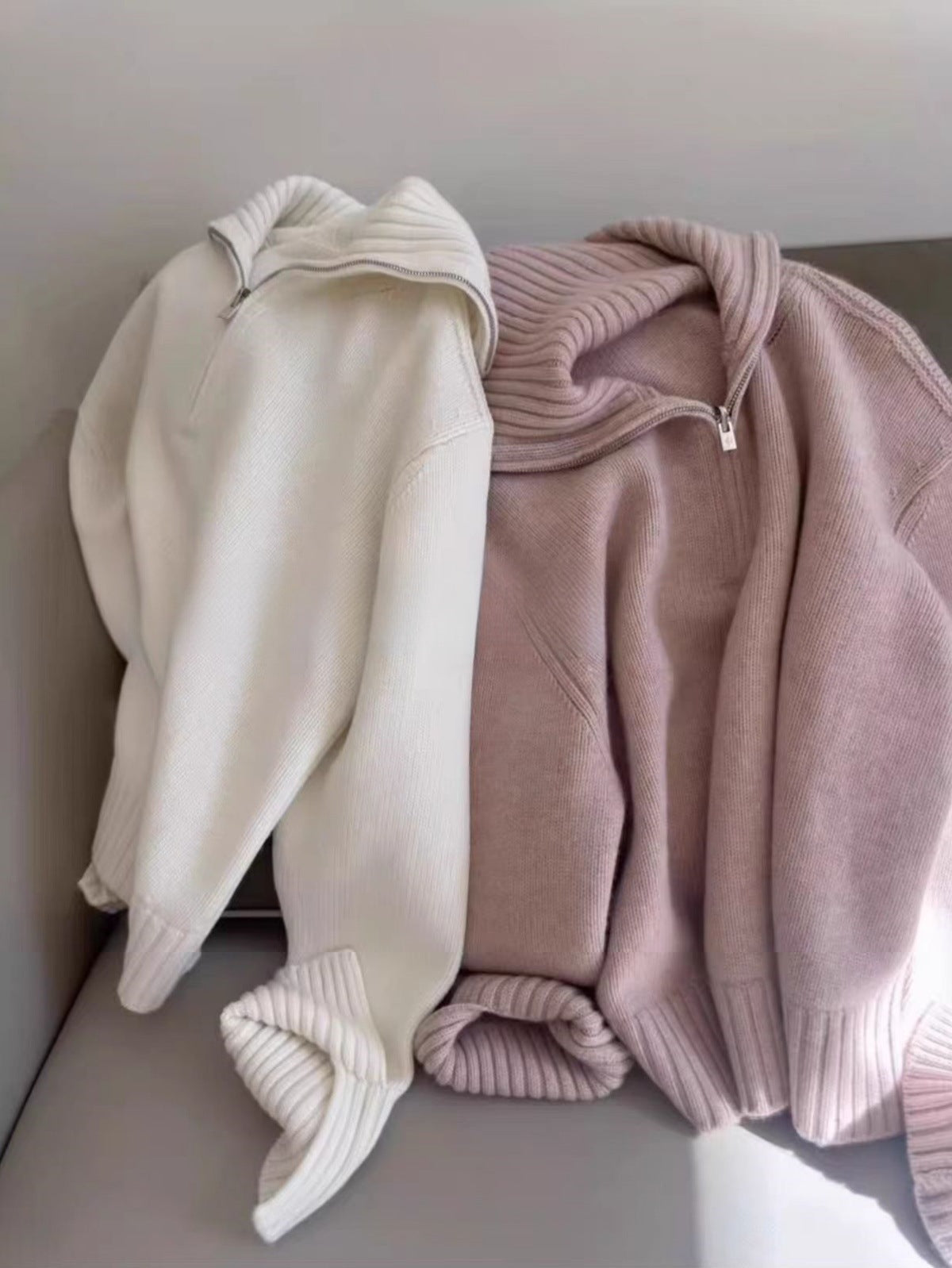 Women Oversized Fine Knit Sweater with Half Zipper and Wide Turtleneck Chichicherry