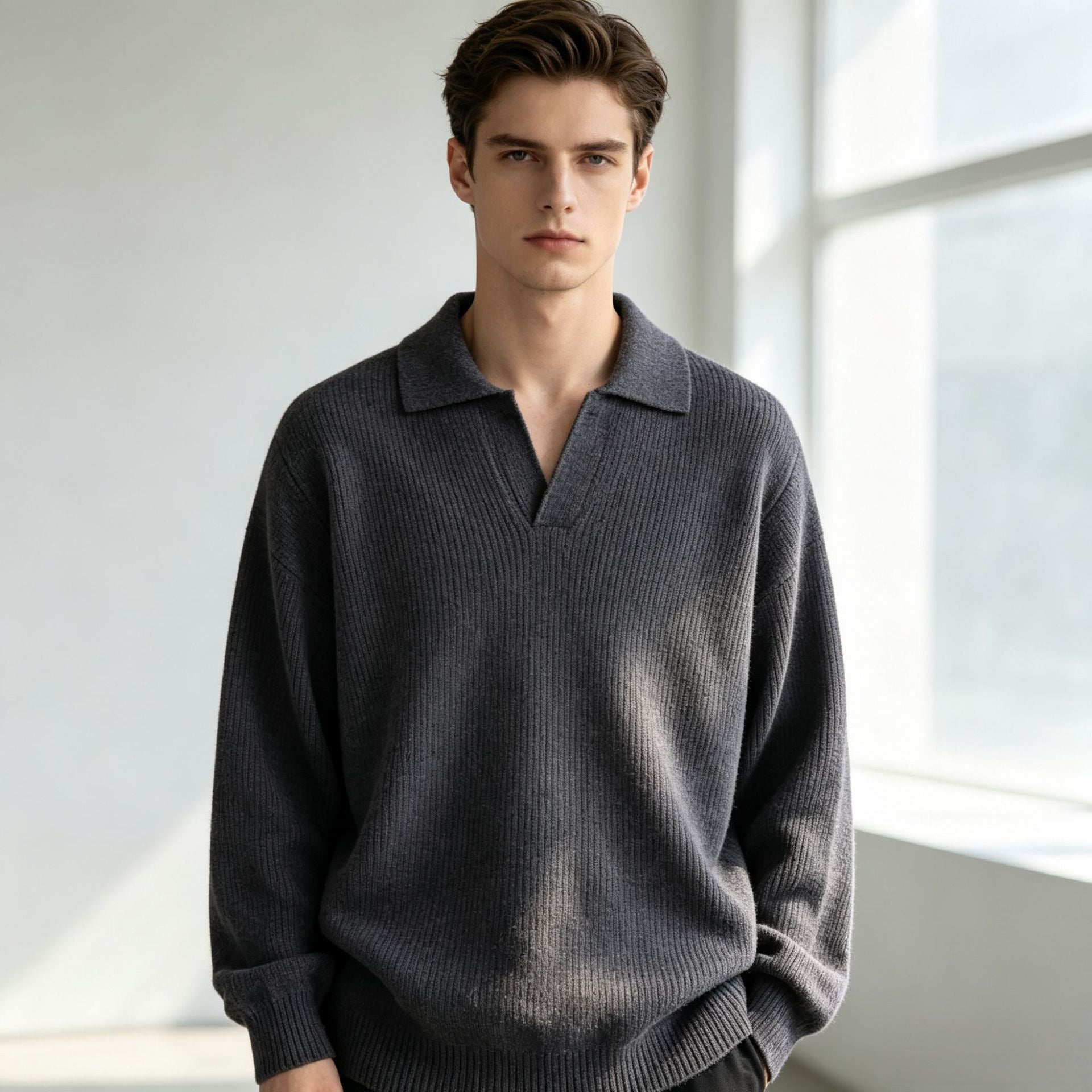 Damen Oversized Polokragen-Feinstrickpullover mit kurzem Schlitz und Zierknopf Chichicherry