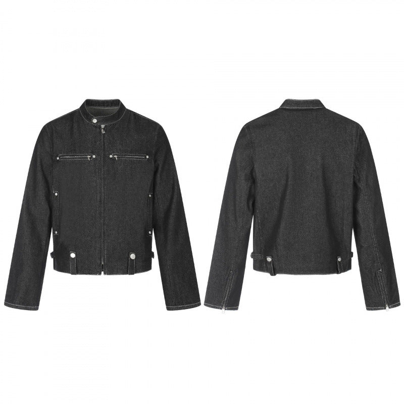 Men's short cut boxy denim jacket in worker blouson style with stand-up collar and metal applications Chichicherry