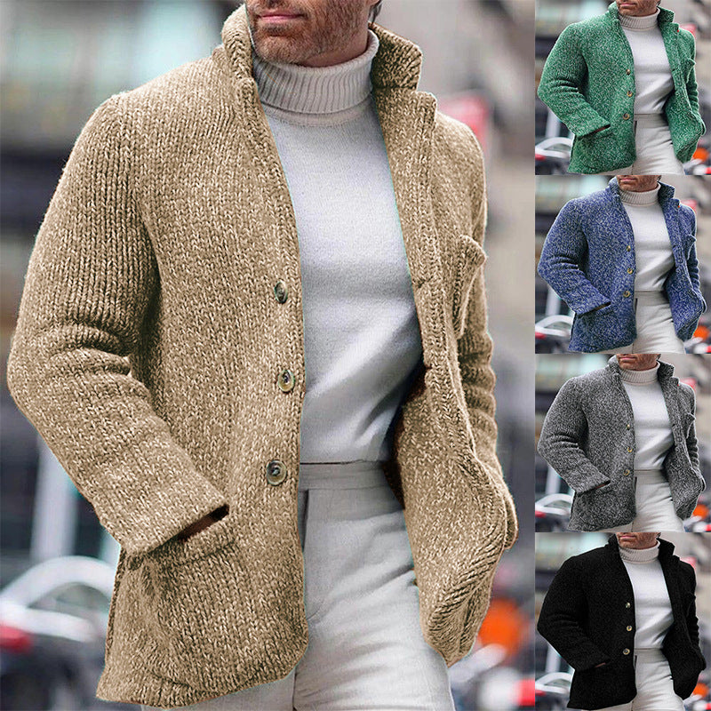 Men's chunky knit cardigan jacket with high stand-up collar and patched pockets Chichicherry