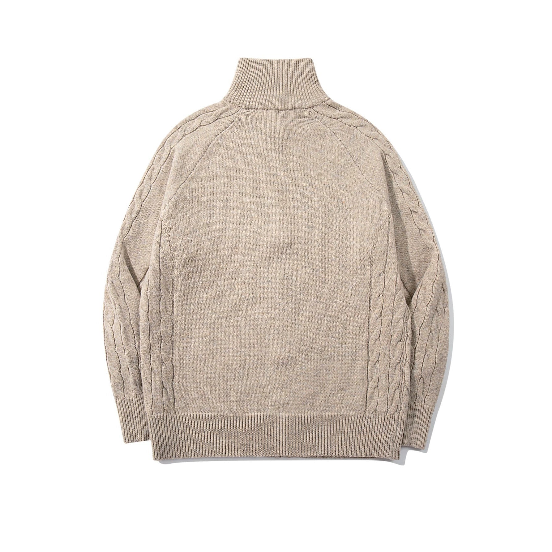 Men's bulky knit zip jacket with funnel collar, raglan sleeves, and cable pattern Chichicherry
