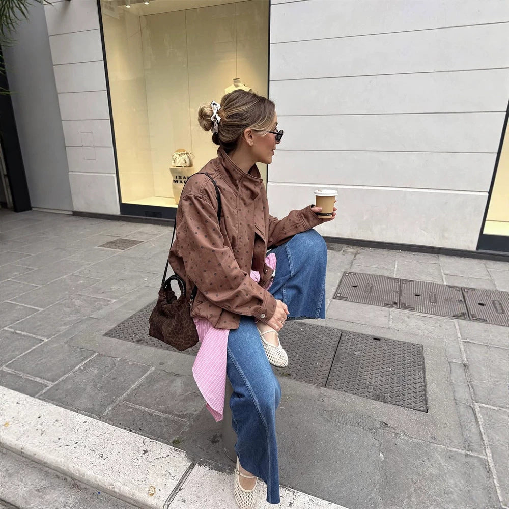 Women Two-Piece Polka Dot Loungewear Set made of Cotton Blend with Boxy Jacket and High-Waisted Wide Leg Pants Chichicherry