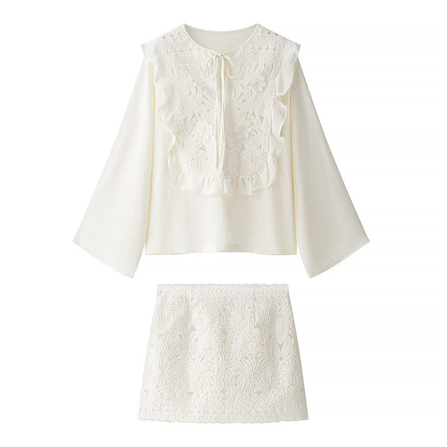Ladies Embroidered Ruffle Blouse with Wide Trumpet Sleeves and Ties Collar Chichicherry