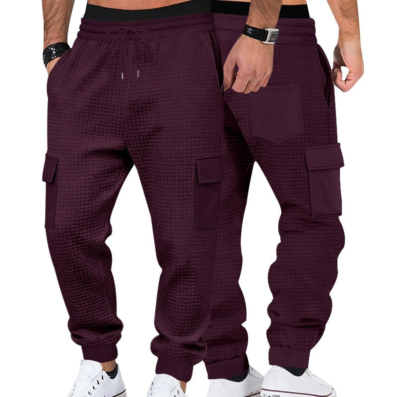 Men's Textured Waffle Cargo Joggers with Elastic Waistband and Multifunctional Pocket Design Chichicherry