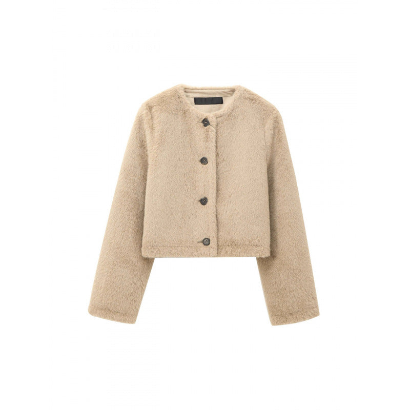 Women's Cropped Teddy Jacket with Straight Hem, Round Neck and Horn Button Closure Chichicherry