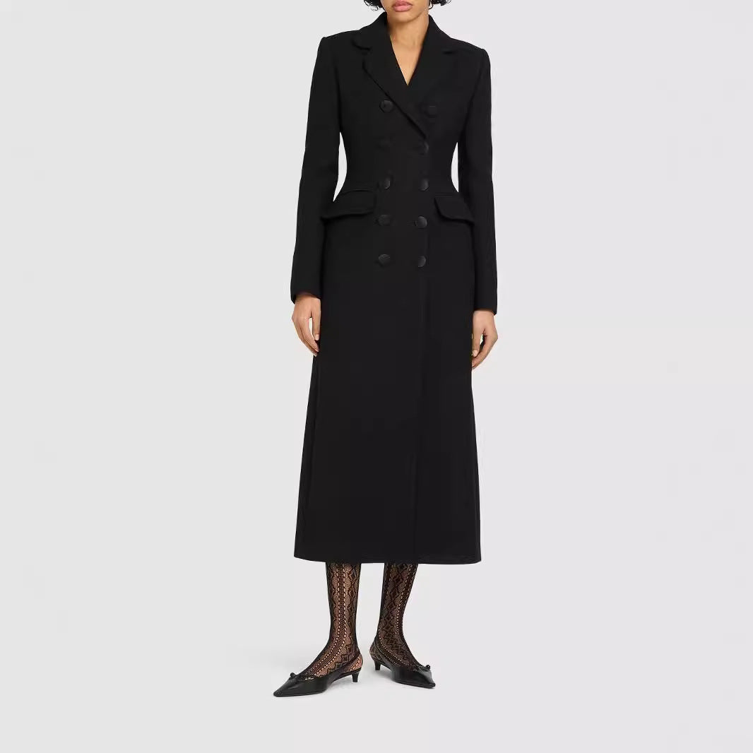Women's Double-Breasted Tailored Blazer Dress with Maxi Length and Flap Pockets Chichicherry