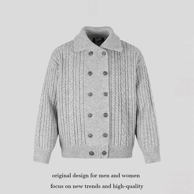 Women's Double-Breasted Cable Knit Cardigan with Shirt Collar and Ribbed Cuffs Chichicherry