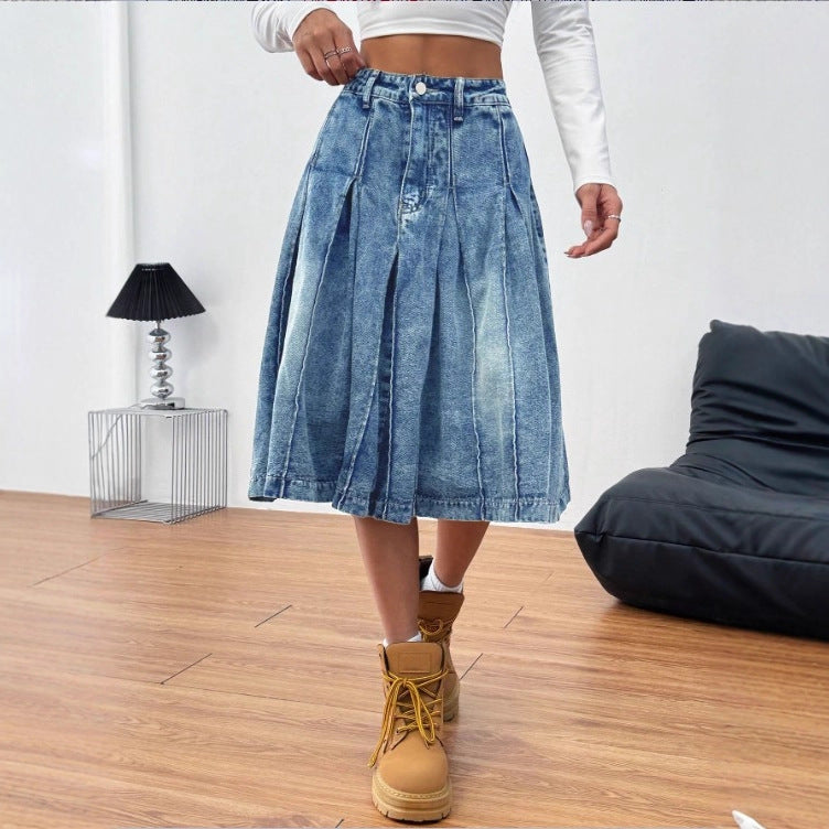 Ladies midi skirt made of denim with vintage wash, pleats and high waist Chichicherry