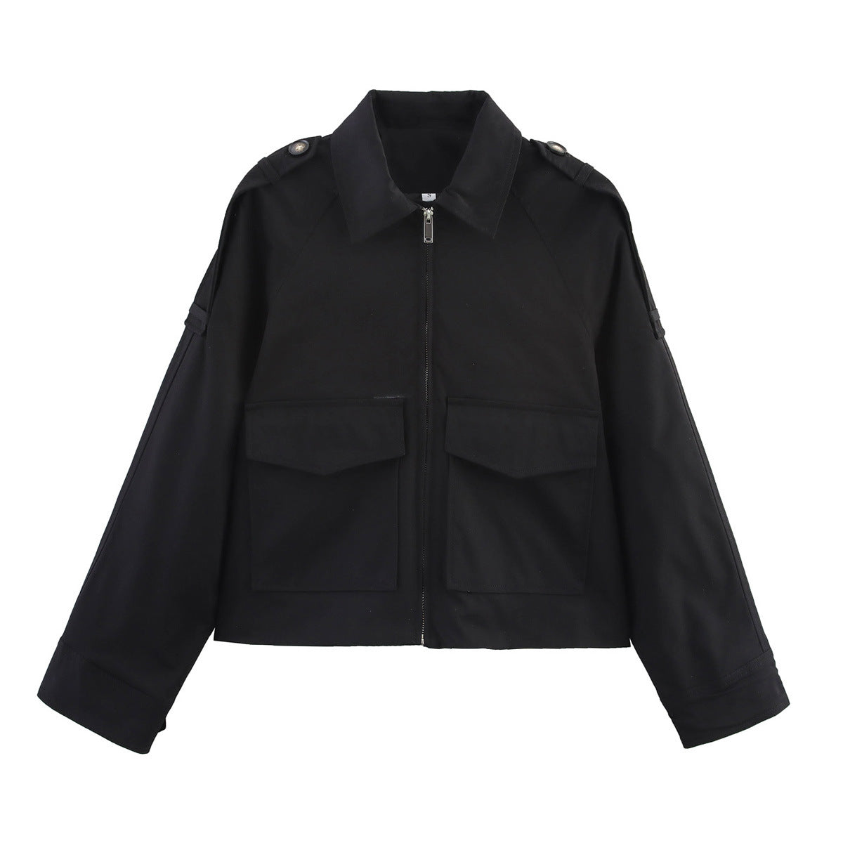 Women's Short Cut Utility Jacket in Military Look with Flap Pockets, Epaulettes and Zipper Chichicherry