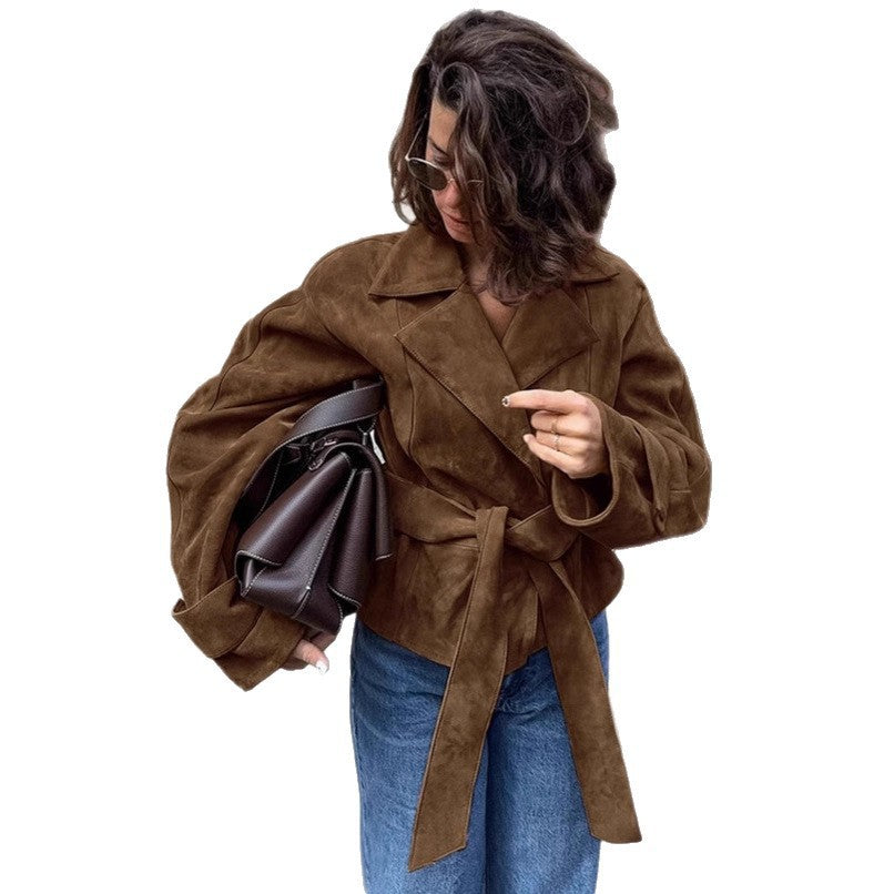 Women's Tailored Suede-Look Short Jacket with Wrap Belt and Long Cuffs Chichicherry