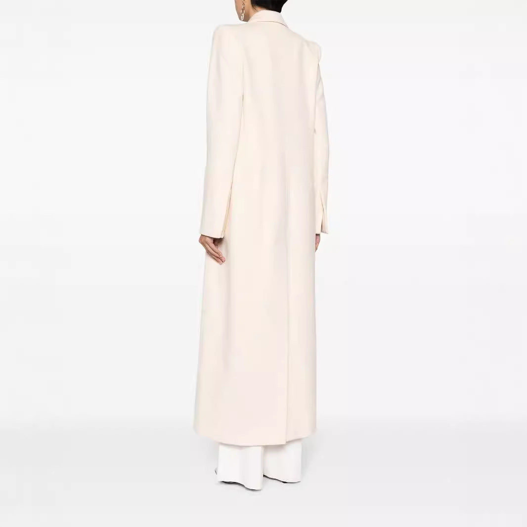 Women's Longline Wool Coat with Single Button Closure and Tailored Lapel Chichicherry