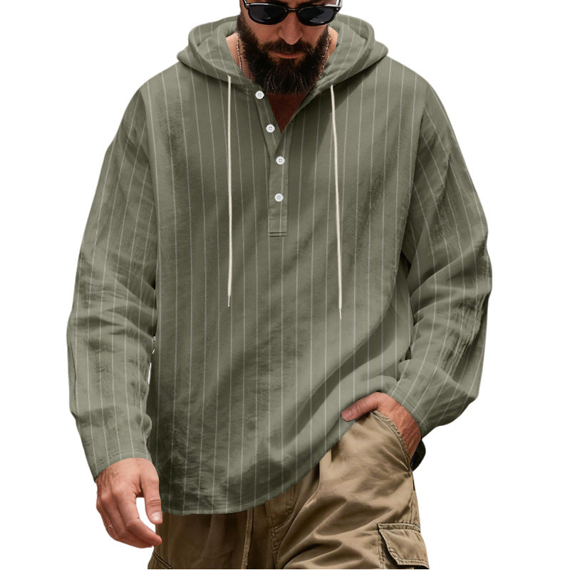 Men's Casual Hoodie Henley Shirt with Fine Pinstripes and Button Placket Chichicherry