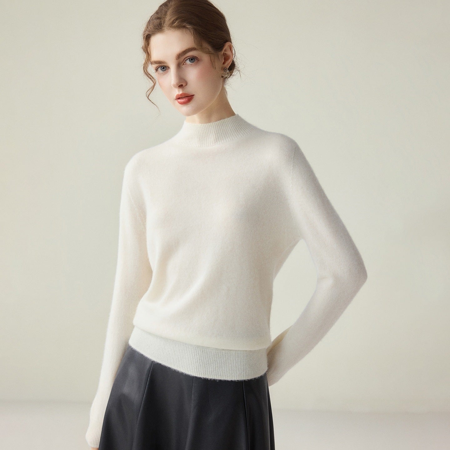 Women Slim Mockneck Fine Knit Sweater with Cashmere-like Feel Chichicherry