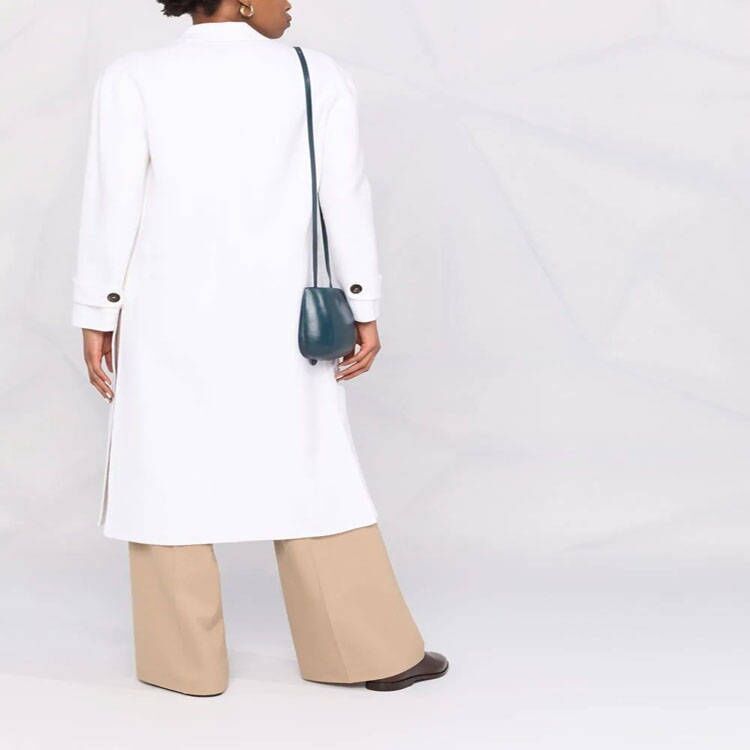 Women Double-breasted Midi Coat in Modern Tailoring with Extended Lapels and Patch Pockets Chichicherry